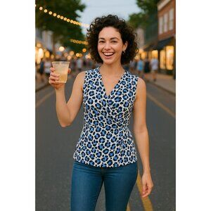 41 Hawthorn Small Blue Black Abstract Leopard Print Wrap Blouse